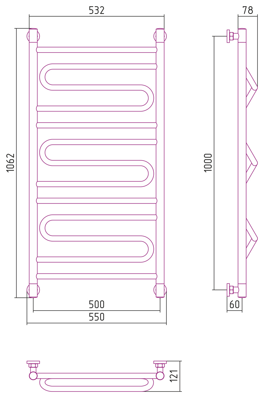Полотенцесушитель водяной Сунержа Элегия+ 1000x500