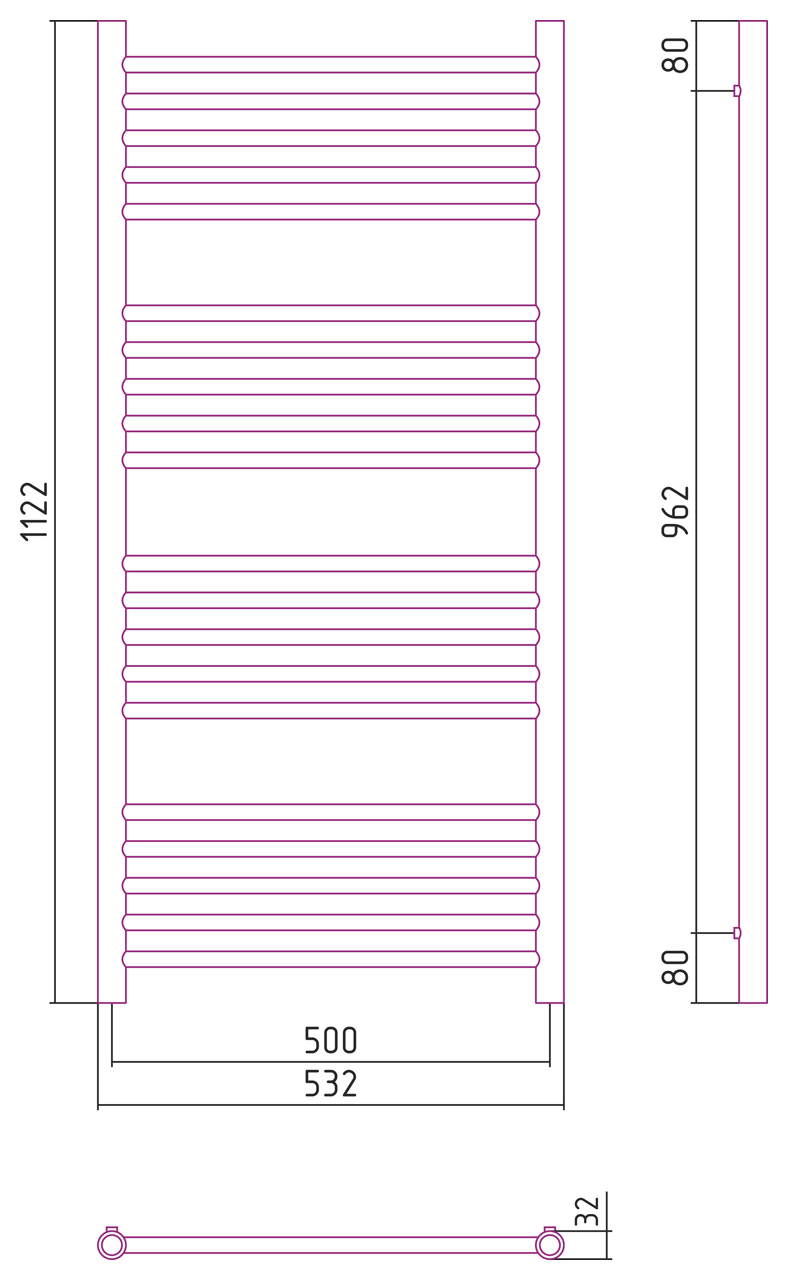 Полотенцесушитель комбинированный Сунержа Богема-ПРОФИ прямой 1200x500. 00-5102-1250